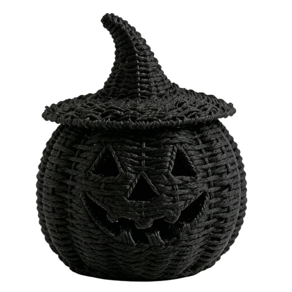 Orangide Halloween Decor Pumpkin Basket with Lid Black Wicker Resin Ornament Handmade Tabletop Decor for Party Home Shelf Centerpiece Fall Decoration