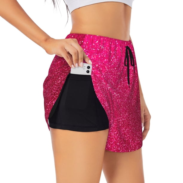 Balery Rose Red Glitter Pantalones cortos deportivos para mujer con forro y dos bolsillos, elásticos, para entrenamiento, gimnasio, yoga-XX-Large