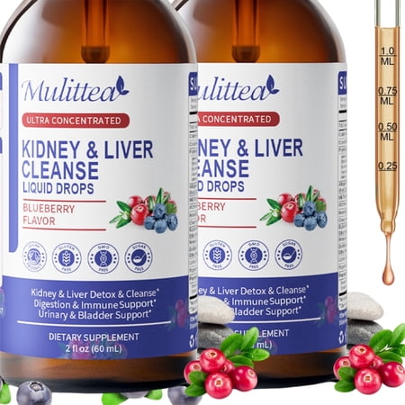 Kidney & Liver Support Drops - Mulittea 27-in-1 Detox & Cleanse Formula with Chanca Piedra & Cranberry Extract - Supports Urinary Tract Health & Natural Flushing - Vegan, Alcohol-Free - 4 fl oz
