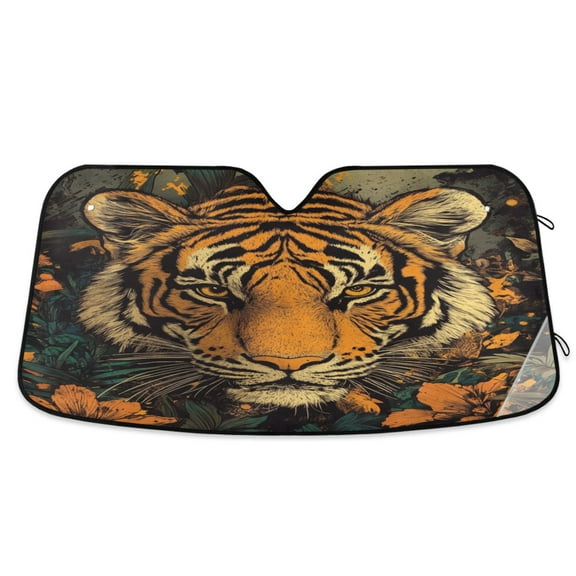 Qxltty Wildflower Tiger Pattern Car Windshield Sunshades Foldable UV Rays Sun Visor Protector Keep Your Vehicle Cool 53×23.5in