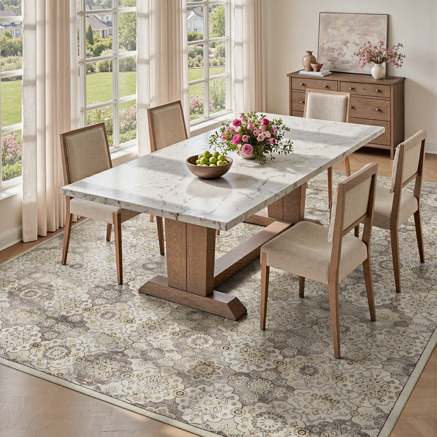 SIXHOME 9'x12' Area Rugs for Living Room Washable Vintage Floral Rugs Artistic Carpet Neutral Soft Rugs for Bedroom Dinning Room Office Home Decor Beige