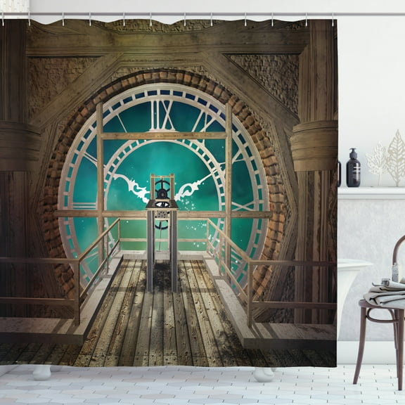 Steampunk Shower Curtain, Fantasy Background Print of Inside View of Clock Tower Wooden Mezzanine, Fabric Bathroom Set with Hooks, 69W X 84L Inches Extra Long, Pale Brown Turquoise, by Ambesonne