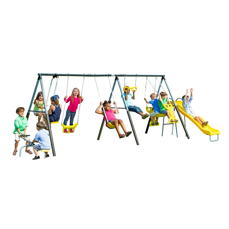 XDP Recreation Rising Sun Playset Swing Set See Saw Glider Stand N Surf Deluxe Trapeze Fun Glider Wave Slide Walmart