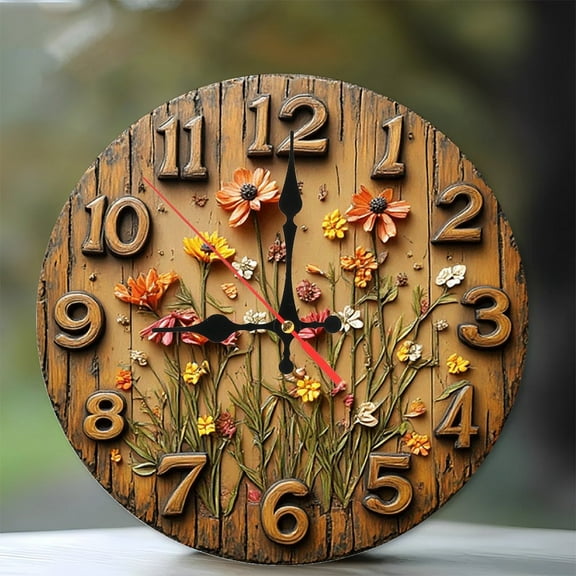 Rustic Wooden Flower Wall Clock Farmhouse Decor 10-Inch Silent Wooden Wall Clock, Battery Operated (AA Batteries Not Included), Artistic Home Decor
