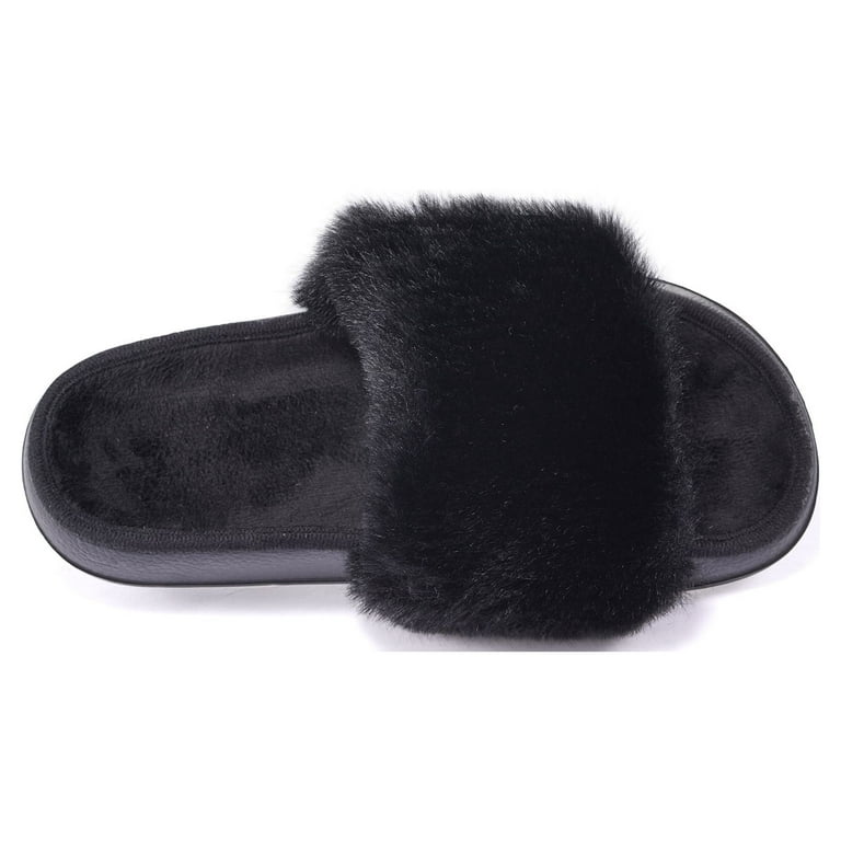 Puxowe Women Slides Faux Fur Fuzzy Slippers Indoor Outdoor Non