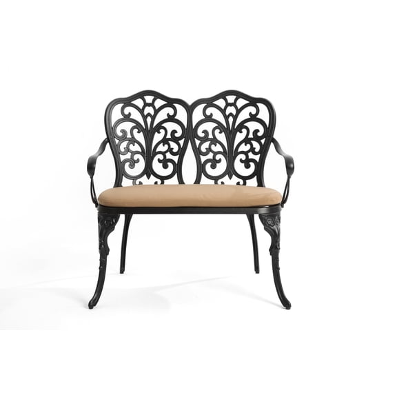 HOMEFUN 1 Pieces Black Outdoor Aluminium Garden Bench, Butterfly Garden Bench With Grey Cushion