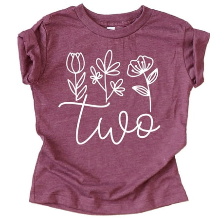 

Two Floral 2nd Birthday Shirt for Toddler Girls Second Birthday Outfit Vintage Burgundy Shirt 2T