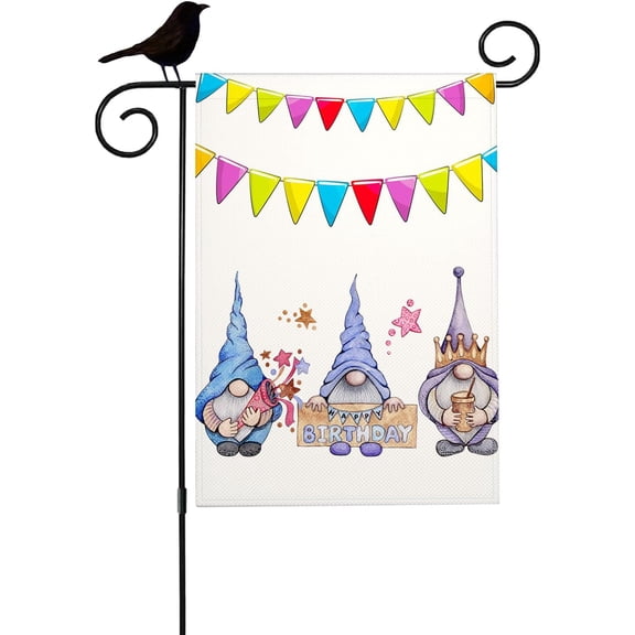 Happy Birthday Garden Flag 12.5x18 Inch, Vertical Double Sided Burlap Cute Gnome with Birthday Cake Yard Flag for Outdoor Home Decor