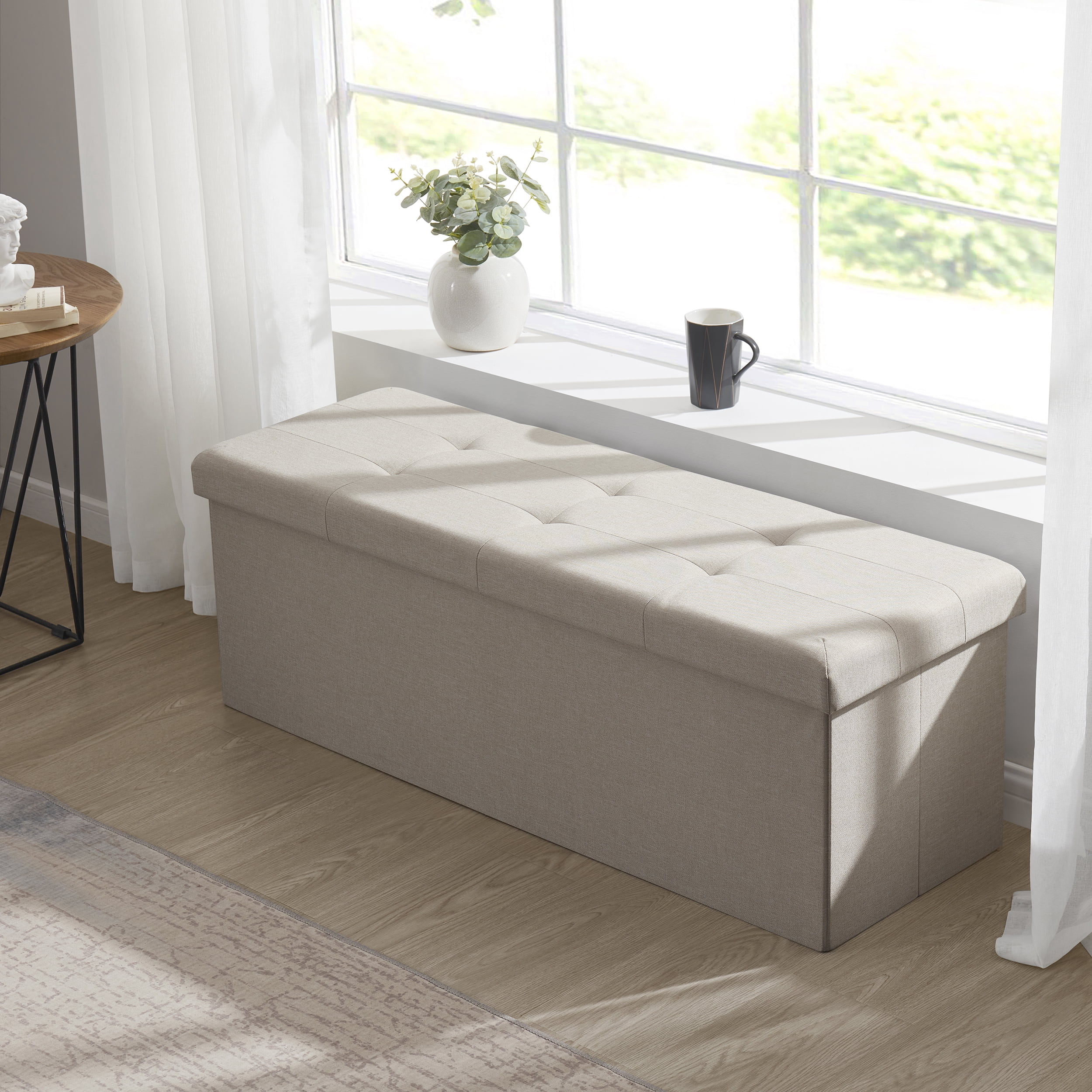 Ornavo Home Foldable Tufted Linen Large Storage Ottoman Bench Foot Rest Stool/Seat - 15" x 43" x 15"