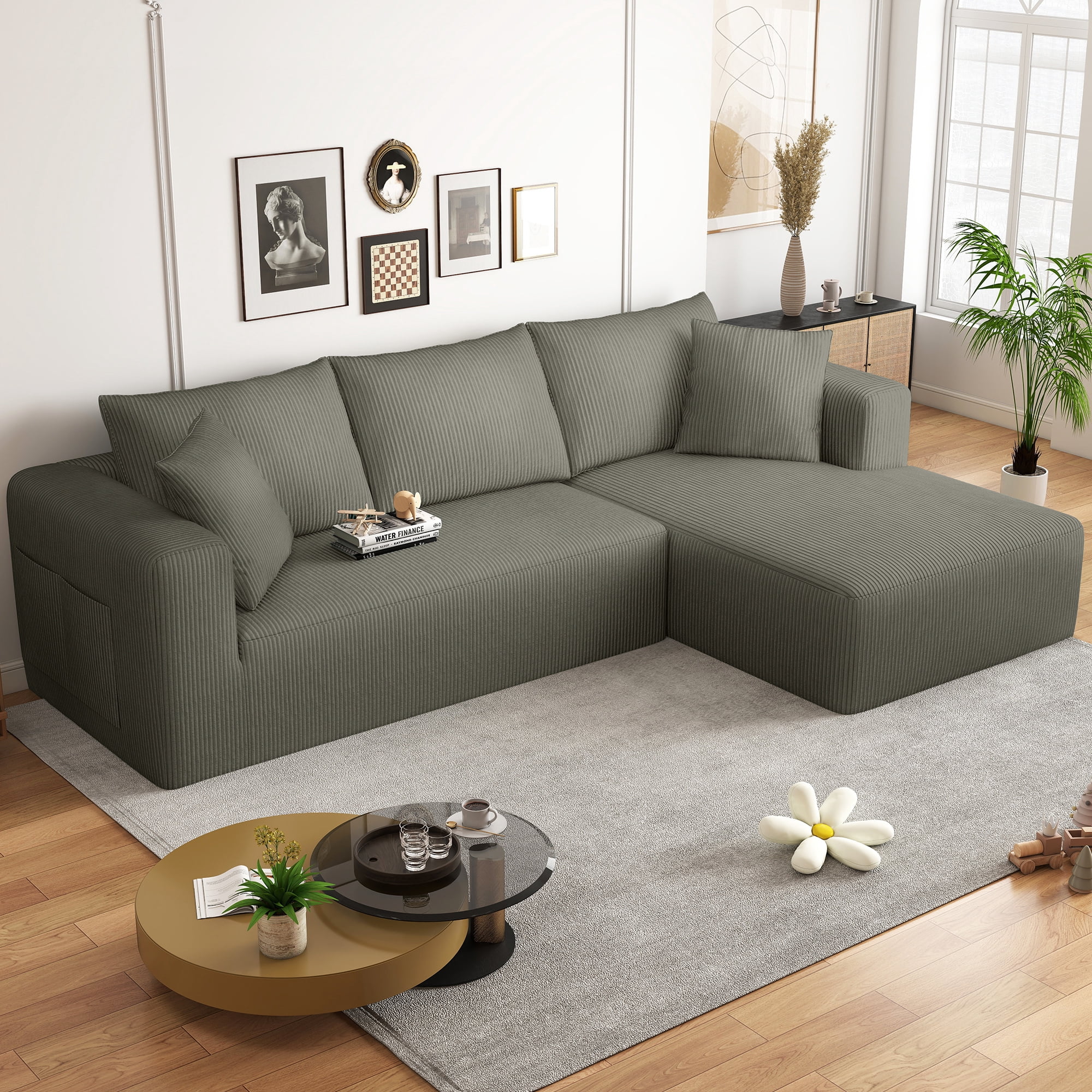 AENKYO 104 Modular L-Shaped Sectional Sofa with Chaise Lounge, Cloud Couch Deep Seat, Corduroy Upholstered Living Room Furniture, No Assembly Required, Gray