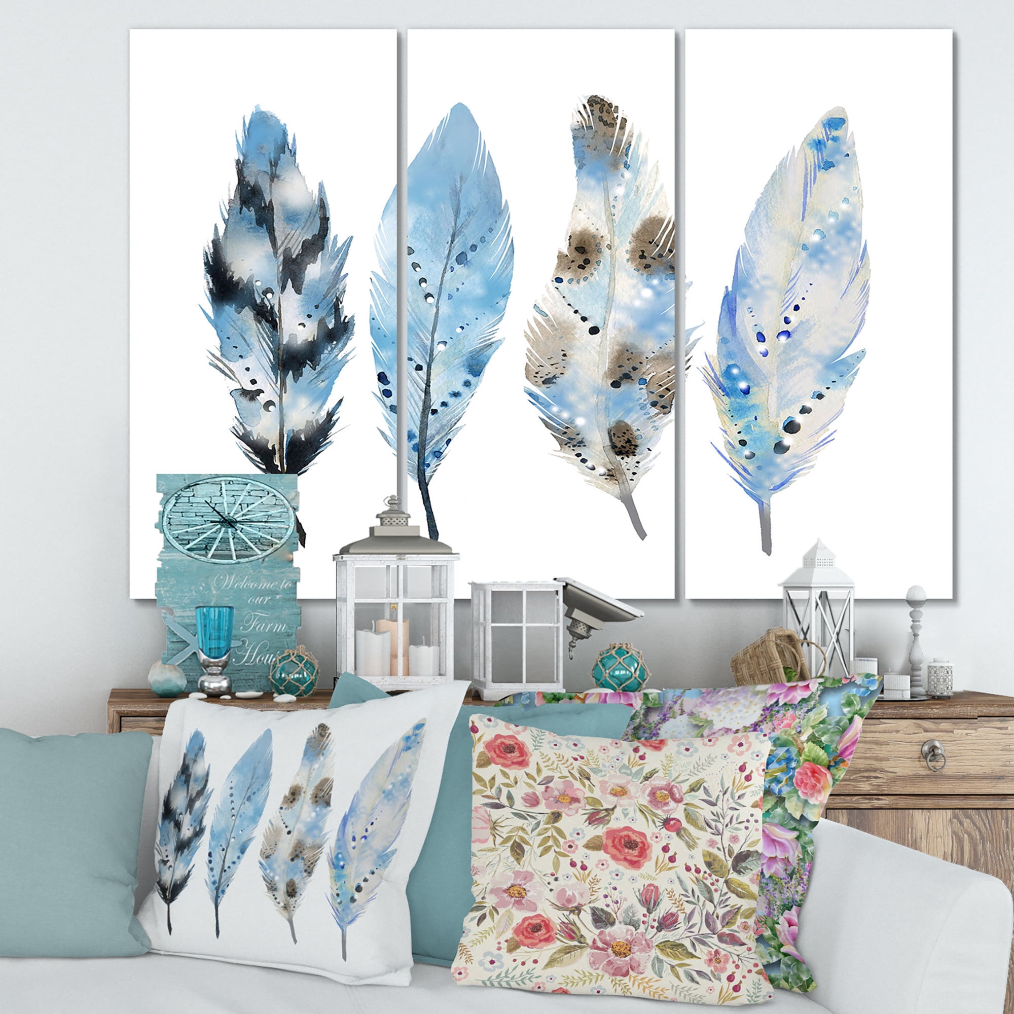 Designart ' Abstract Blue Boho Feathers I ' Bohemian & Eclectic Canvas Wall Art Print