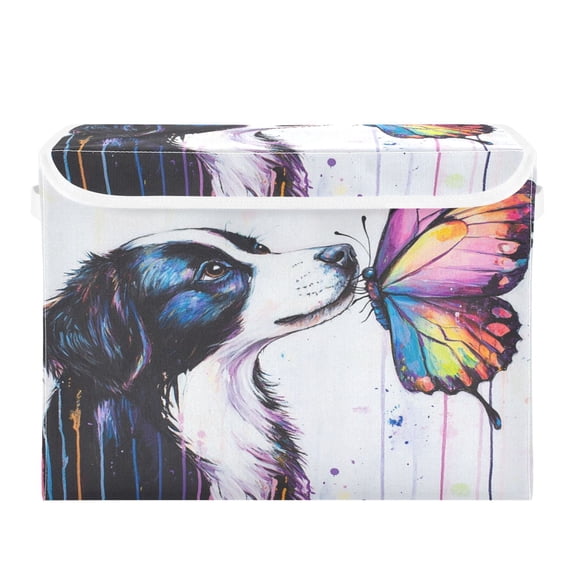 Storage Box With Lid 16.5x12.6x11.8In Foldable Stacked Household Storage Box Dog and Butterfly