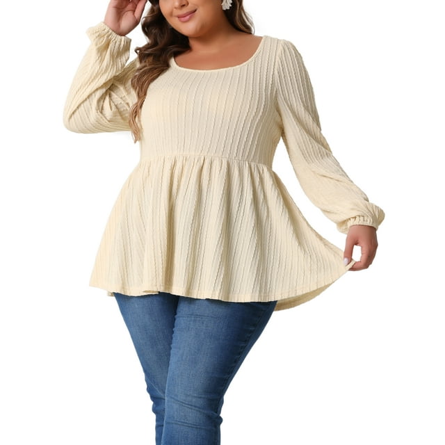 Blusas de Talla Grande Agnes Orinda para Mujeres, con Cuello Redondo, Manga Larga, Top de Peplum de Punto 1X Beige
