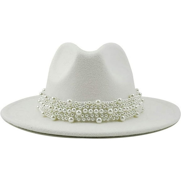 Nvzi Women's Vintage Pearl Band Hat Trendy Wide Brim Hat,White