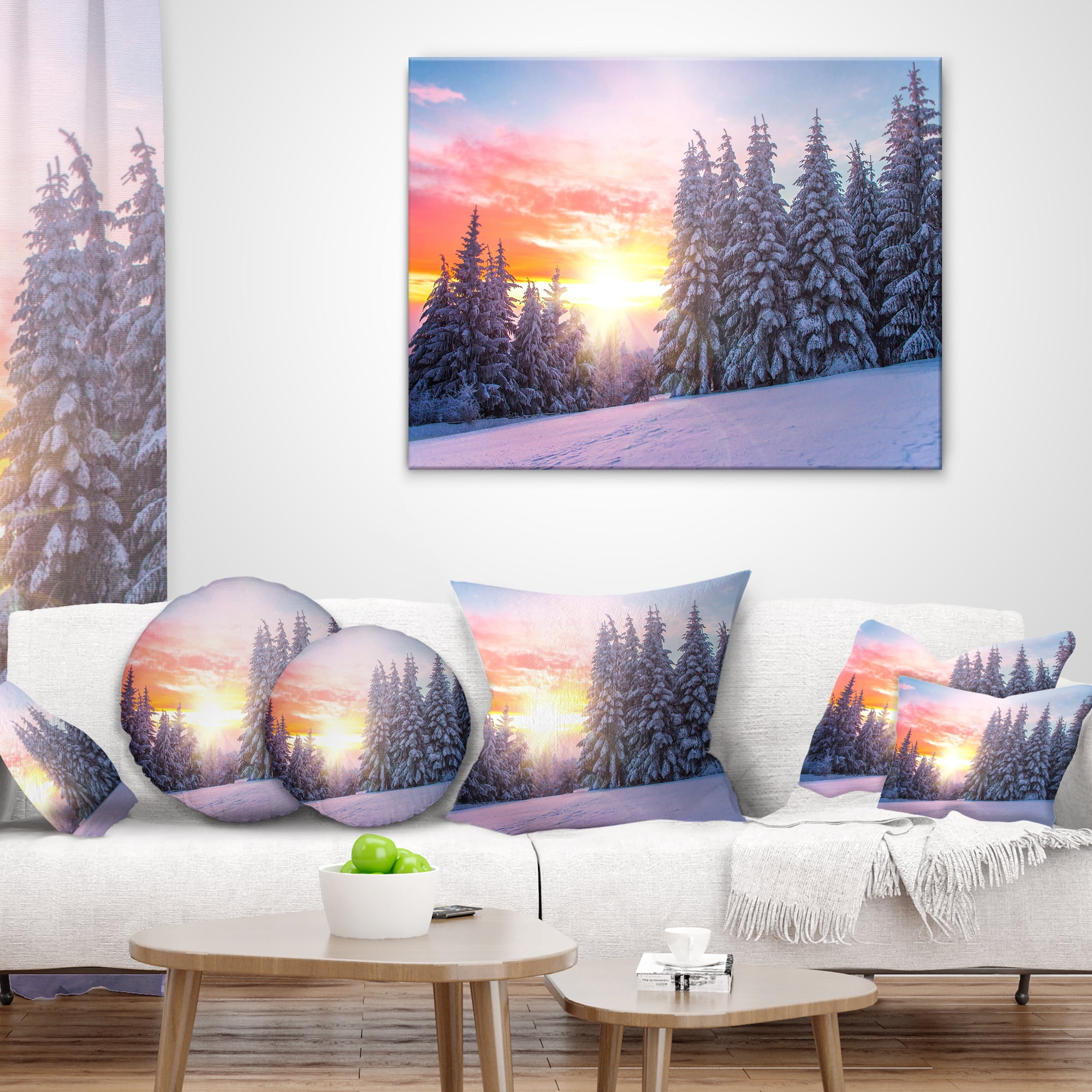 Designart Winter Sunset in Bulgaria - Landscape Photo Throw Pillow - 12x20