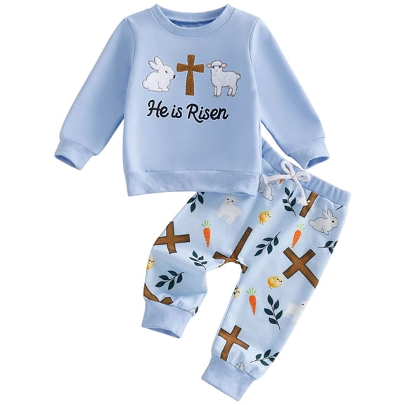 Staki Easter Outfit Toddler Baby Girl Easter Outfit Print Ruffle Sweatshirt Long Pants Set 0-24M 2-3Y(Blue,6-12 Months)