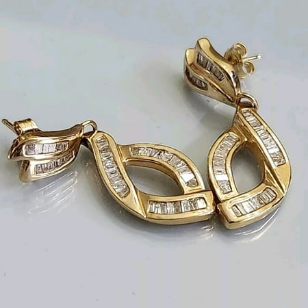 Silver Shop 14K Yellow Gold Finish Baguette Cut Cubic Zirconis Dangle Earrings