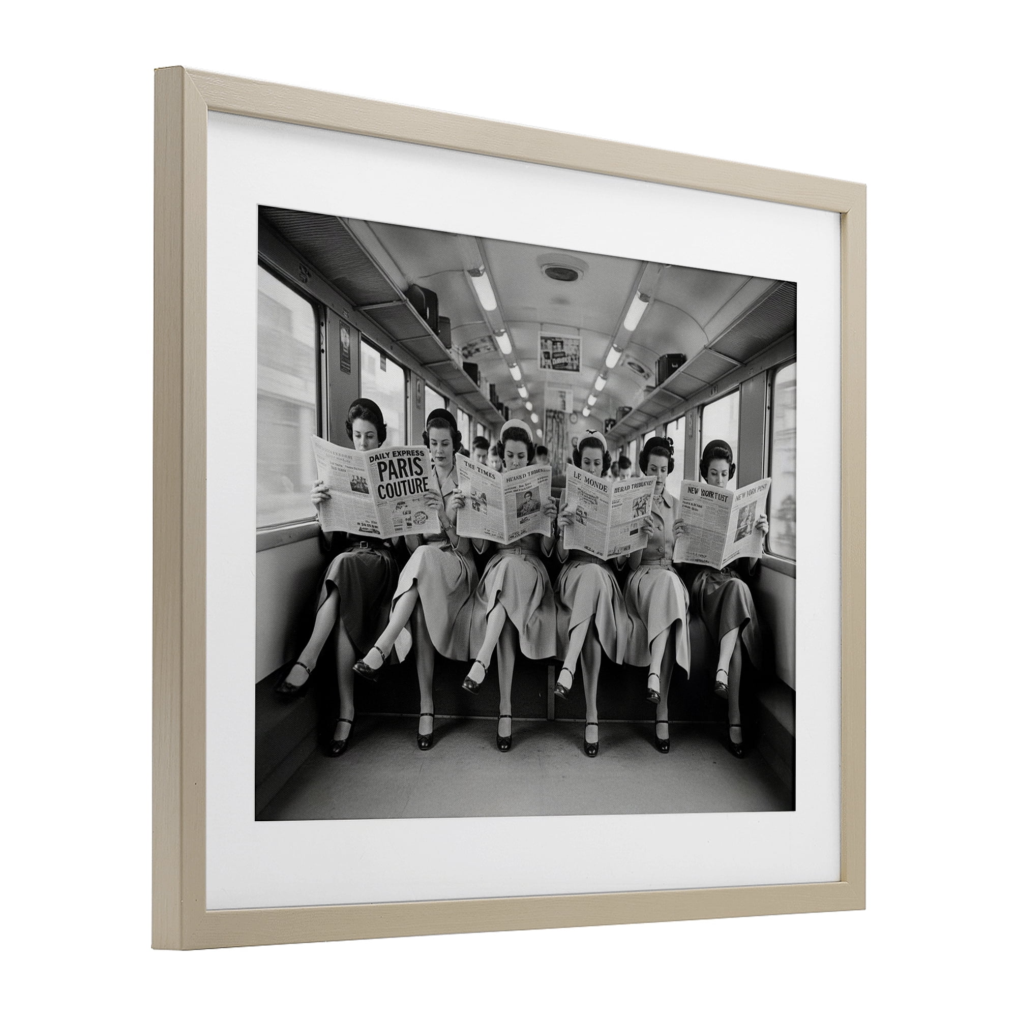 Stupell Industries Newsprint Ladies on Train Birch Framed Print Under Glass, design by A Barefoot Stylist