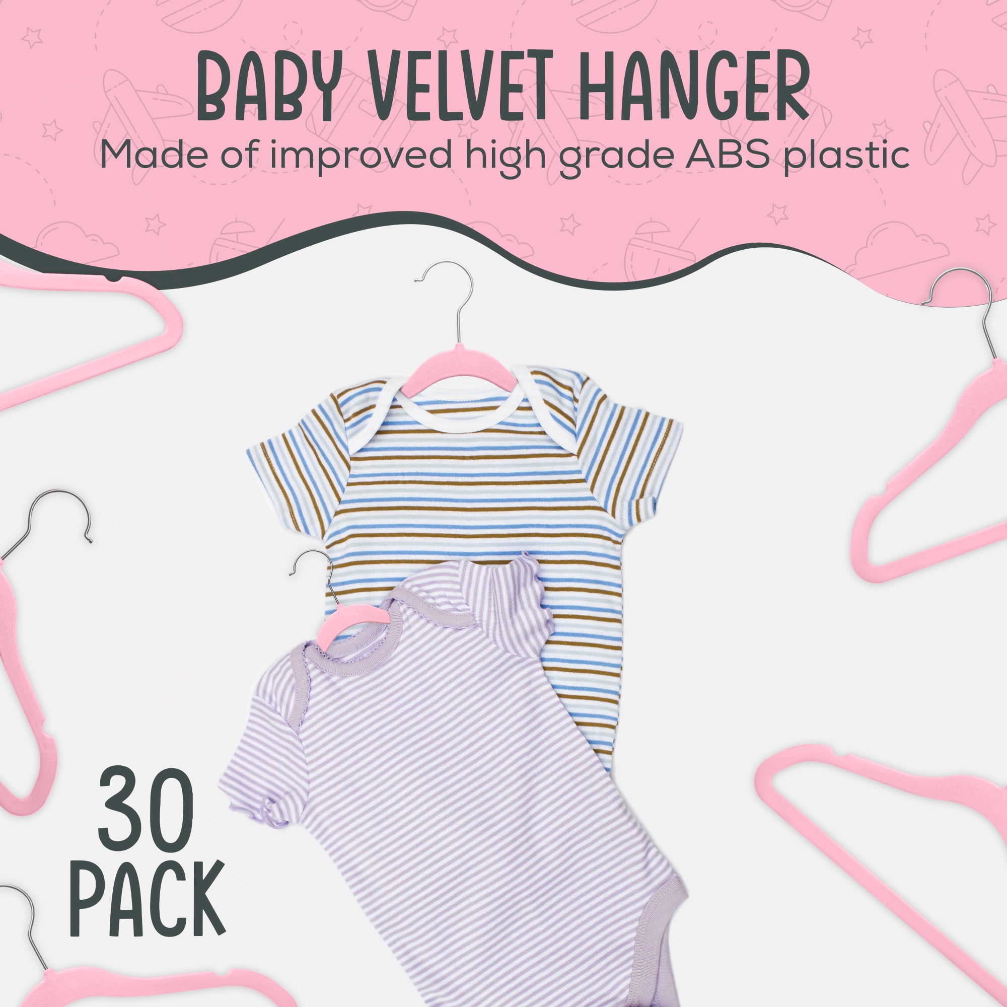 Techzoo Premium Baby Velvet Hangers 30 Pack – 11.8" Non Slip Felt Cloth Hangers for Closet – Ultra Slim, Space Saving Baby Clothes Hangers with 360° Swivel Hook Infant Hangers – Pink