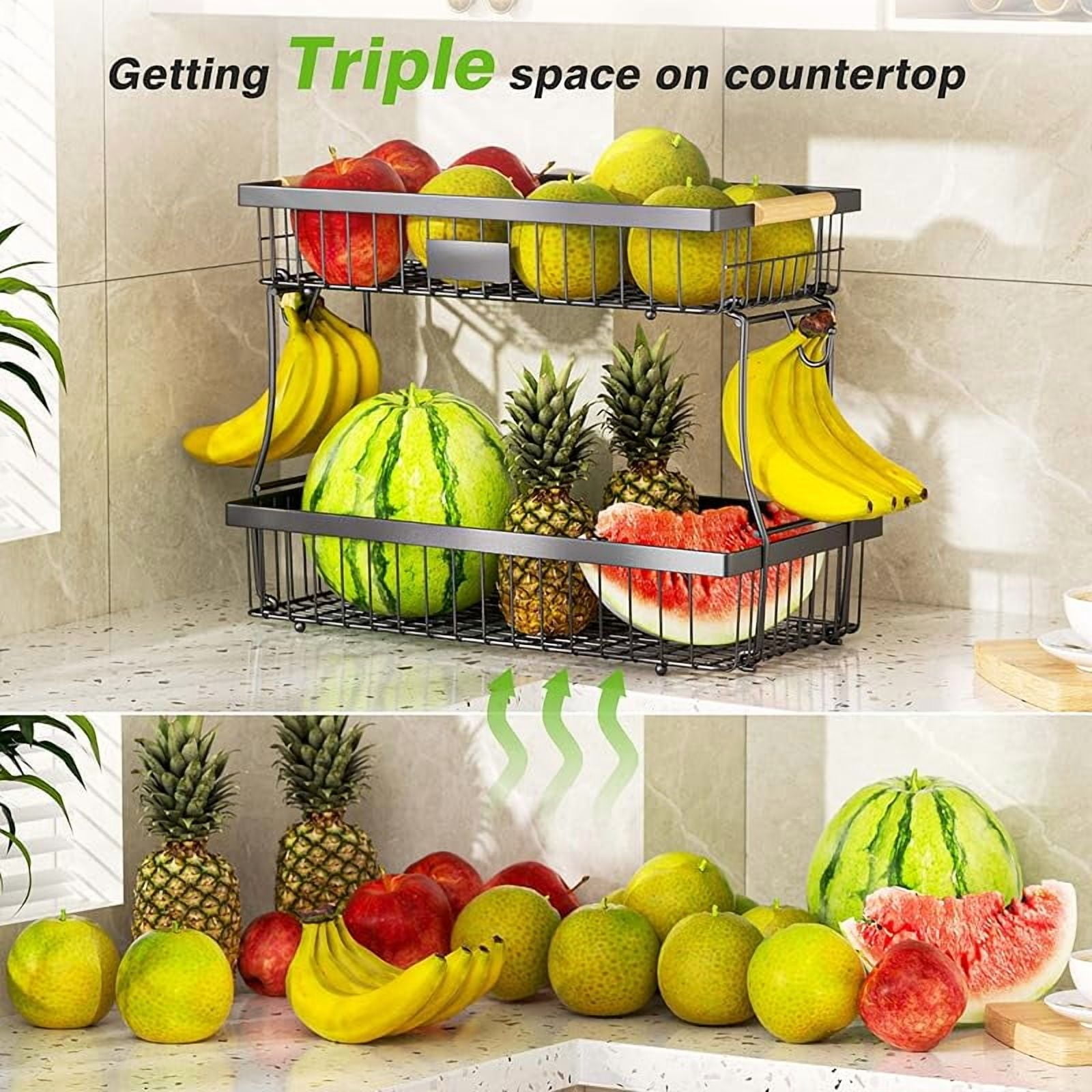 2 Tier Fruit Basket for Kitchen Counter,Wire Tiered Fruit Stand with Hangers&Handle,Corner Vegetable Rack,Two Tier Kitchen Basket For Fruits,Veggies,Snacks,Onions,Black