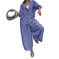 thumbnail image 2 of BAETEUY Women Casual Suit Long-Sleeved Shirt Top Wide-Leg Harem Pant 2-piece Set Autumn Lapel Striped Nine-Point Pant Female Outfit Suit, 2 of 8
