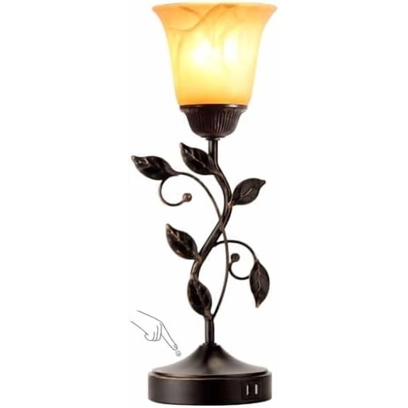 Touch Control Table Lamp with 2 USB Charging Ports, 3-Way Dimmable Bedside Nightstand Lamps, Amber Glass Shade Vintage Rural Leaf Lamp for Living Room, Bedroom, Dresser, LED Bulb Included (Bronze)