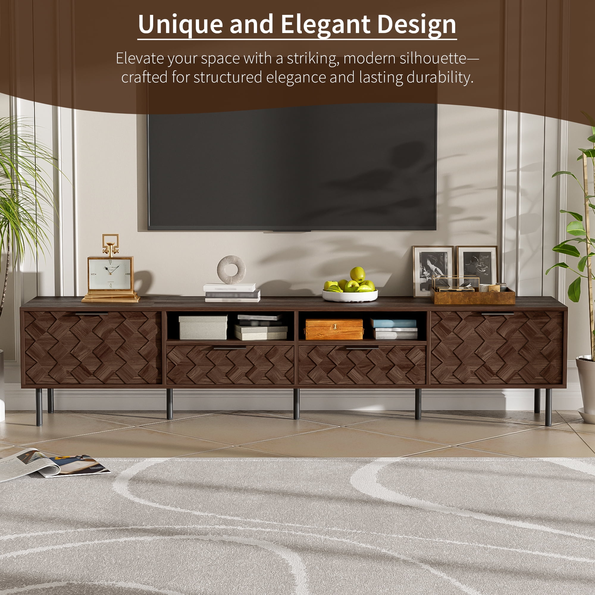 TV Stand for TVs up to 85 Inch, Entertainment Center with 3D Diamond Interwoven Doors & Cable Management, Media Console with Iron Legs for Living Room