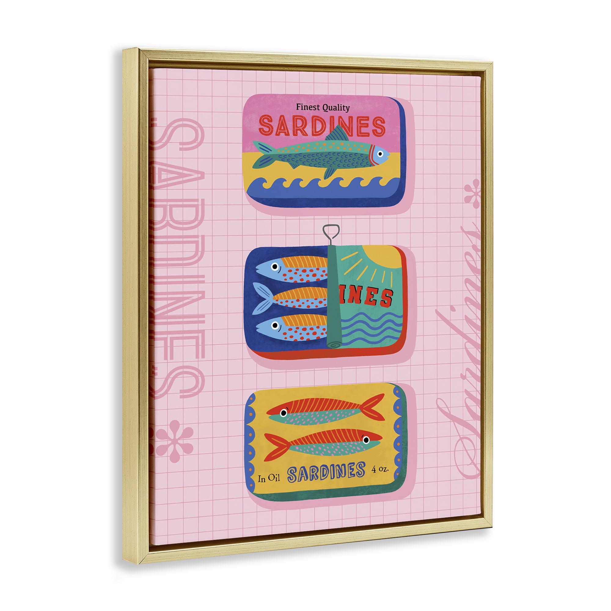 Stupell Industries Bright Sardine Can Designs Food & Beverage Painting Gold Floater Framed Canvas Art Print Wall Art, 17 x 21