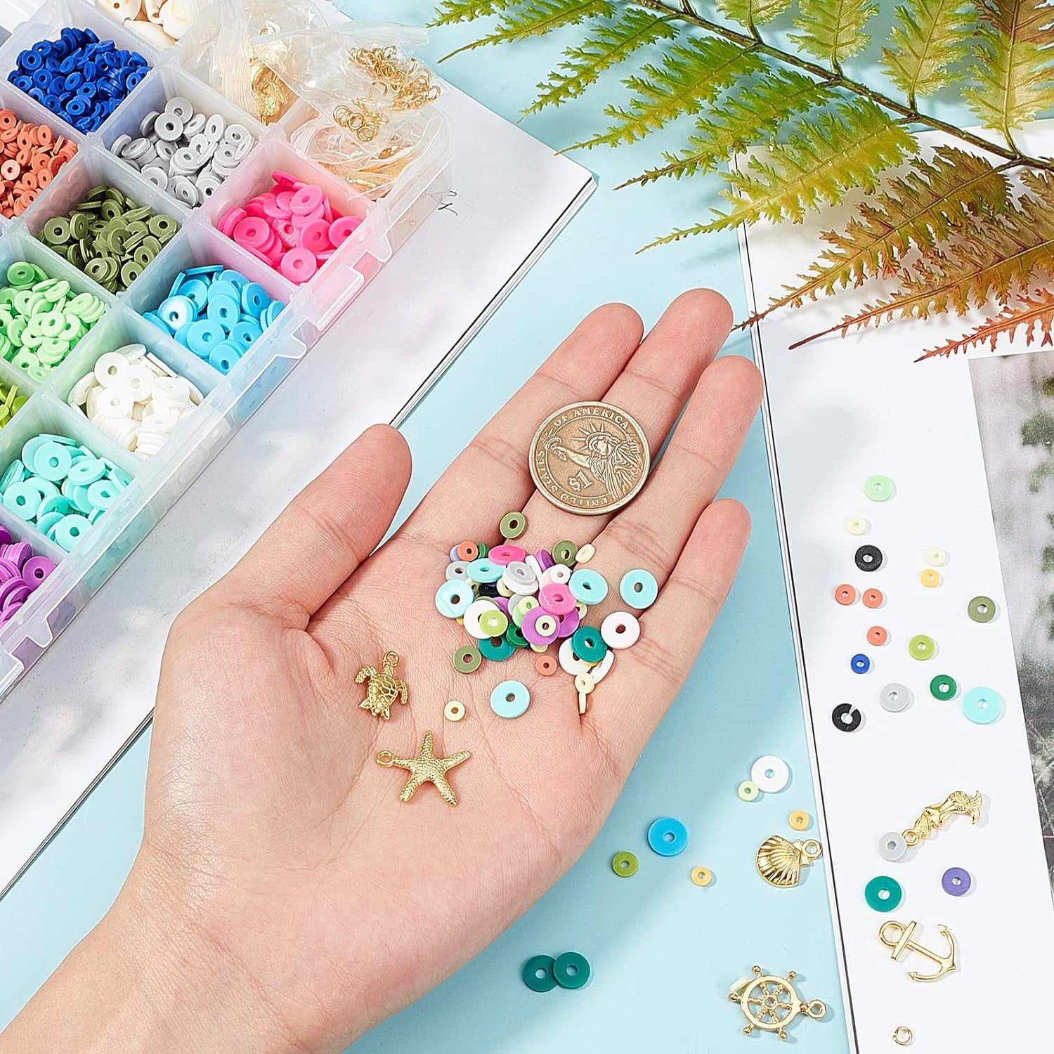 Handmade Polymer Clay Beads 6900 Pcs 3 Sizes 7 Colors Flat Round Spacer Beads with Alloy Pendants and Cowrie Shell Beads for DIY Jewelry Necklace Bracelet Earring Craft Making Mixed Color