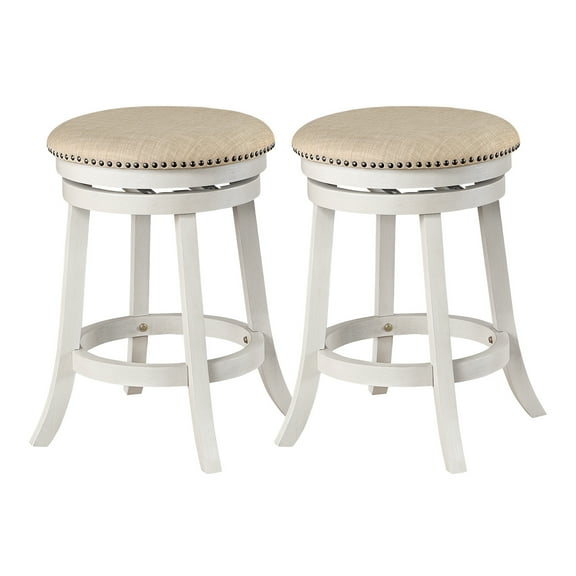 Backless Round Swivel Stool in Beige Fabric in White-Wash Finish 2 Pack