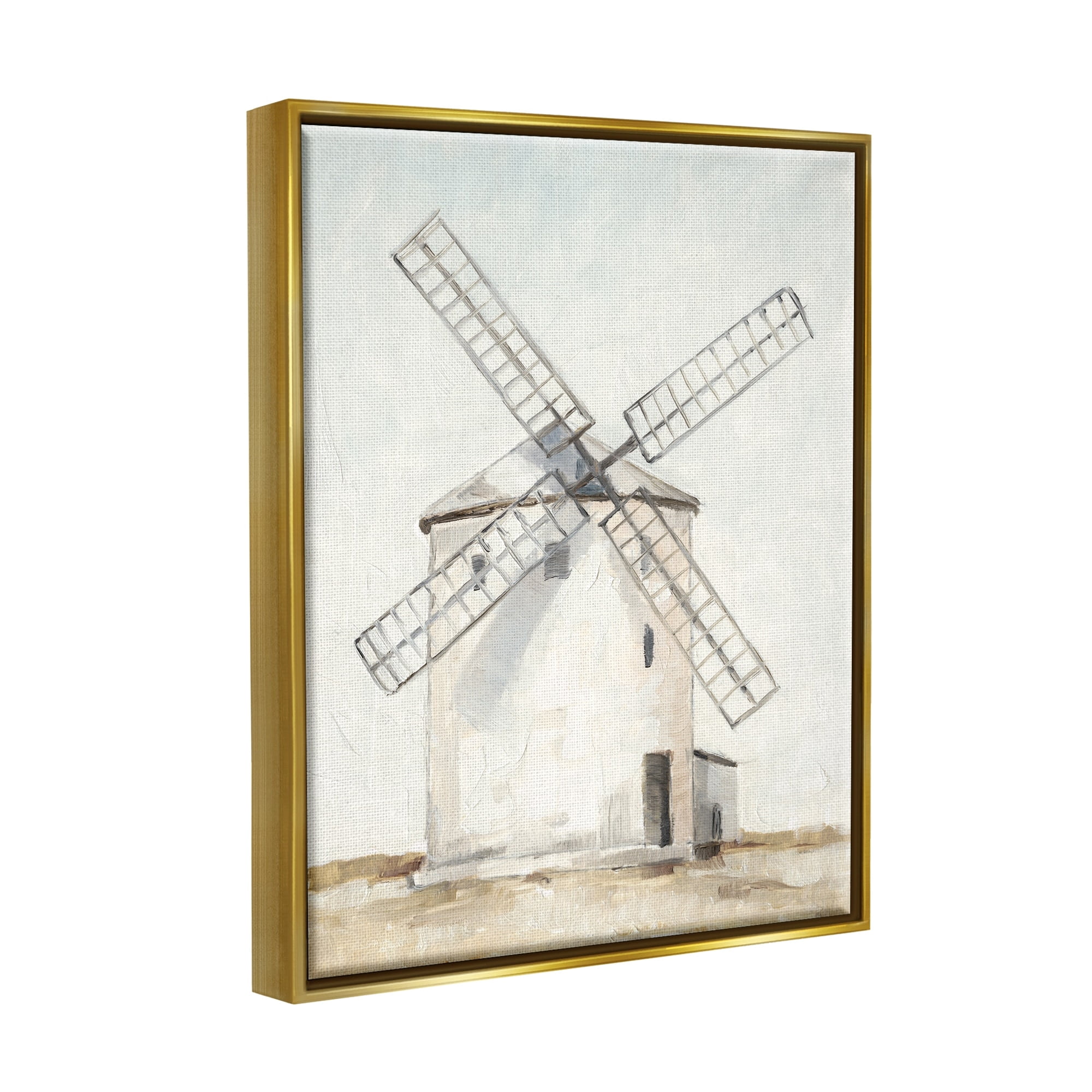 Stupell Industries Windmill Farm Landscape Neutral Blue Brown Painting Metallic Gold Framed Floating Canvas Wall Art, 16x20, by Ethan Harper