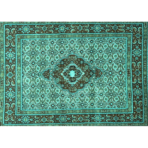Ahgly Company Machine Washable Indoor Rectangle Medallion Turquoise Blue Traditional Area Rugs, 6' x 9'