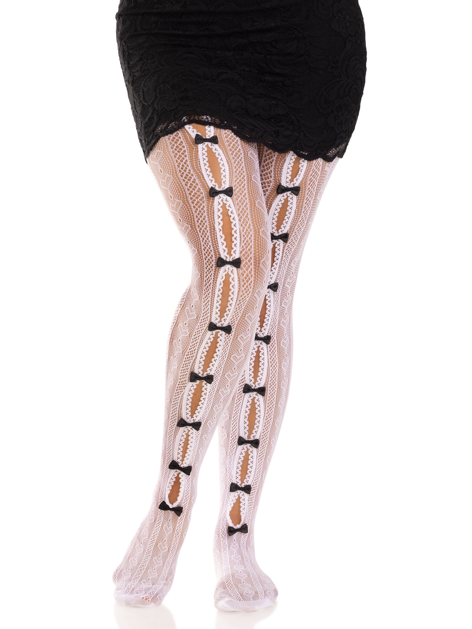 Leg Avenue Women's Sweetheart striped net tights with mini bow detail, White, One Size