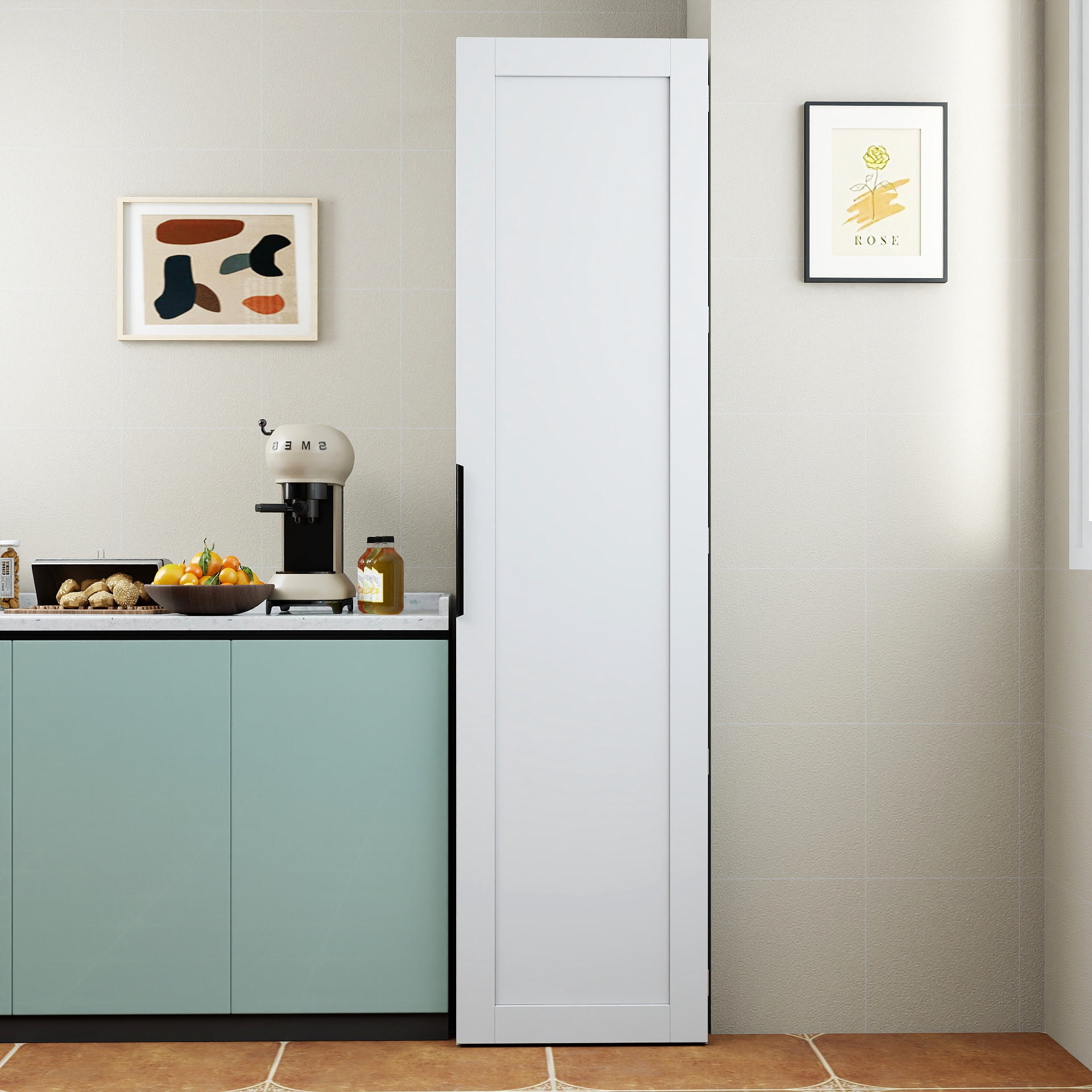 Kitchen Pantry Cabinet Freestanding Buffet Cupboard with Adjustable Shelves Side Racks, White