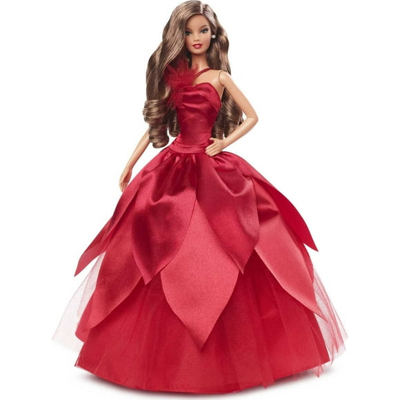 Barbie Signature 2022 Holiday Doll, Light-Brown Wavy Hair, Red Poinsettia-Inspired Gown, Collectible with Doll Stand & Certificate of Authenticity