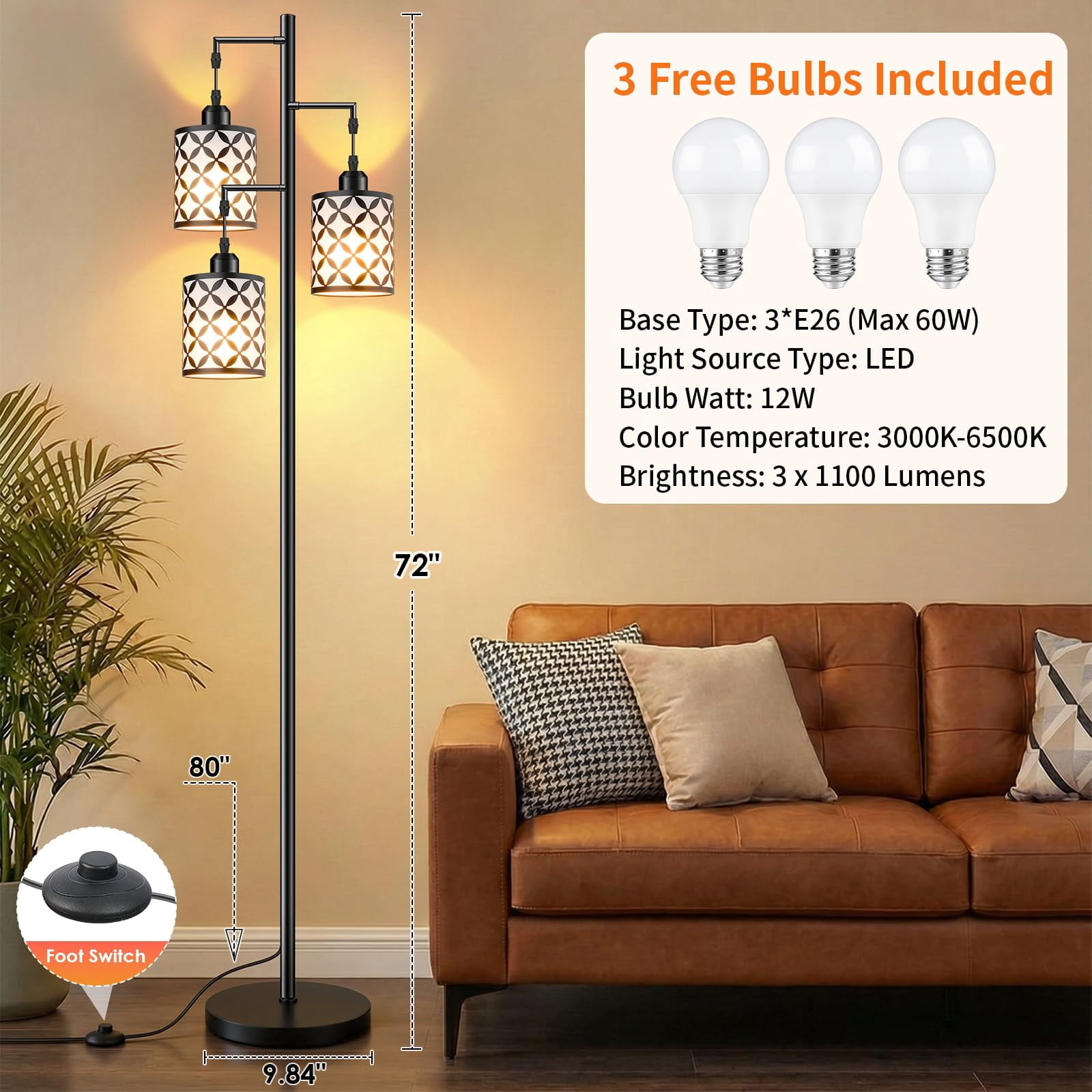 72" Dimmable Floor Lamp with Remote, 3 LED Bulbs Included, Industrial Tree Pole for Living Room