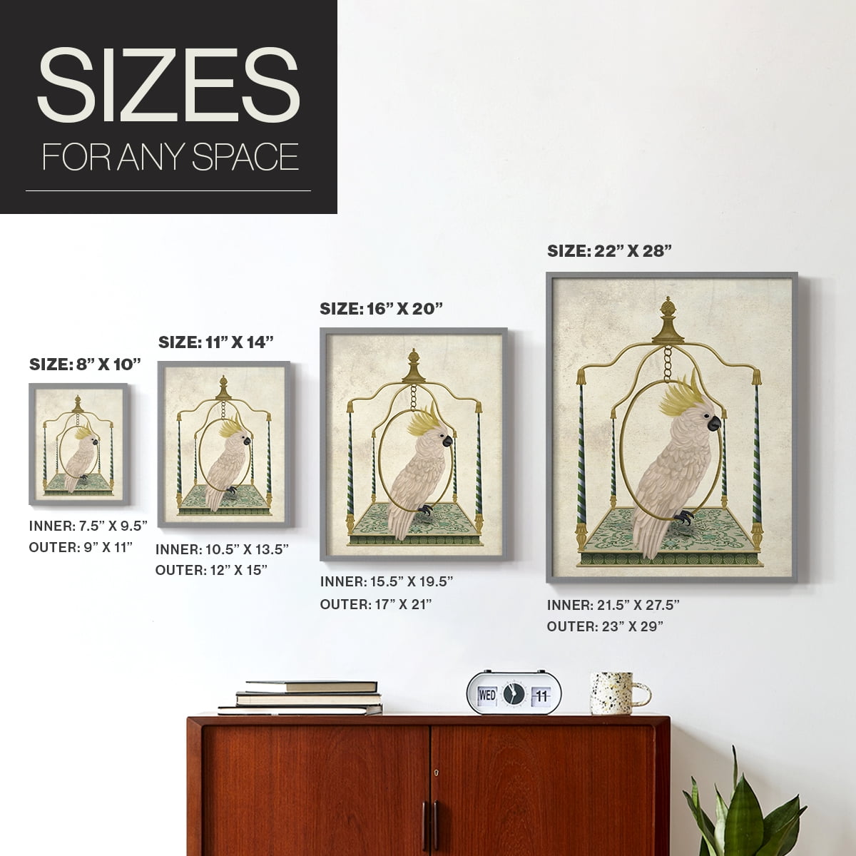 White Cockatoo on Swing Framed Print in Gray Solid Wood 16 x 20 Framed Print
