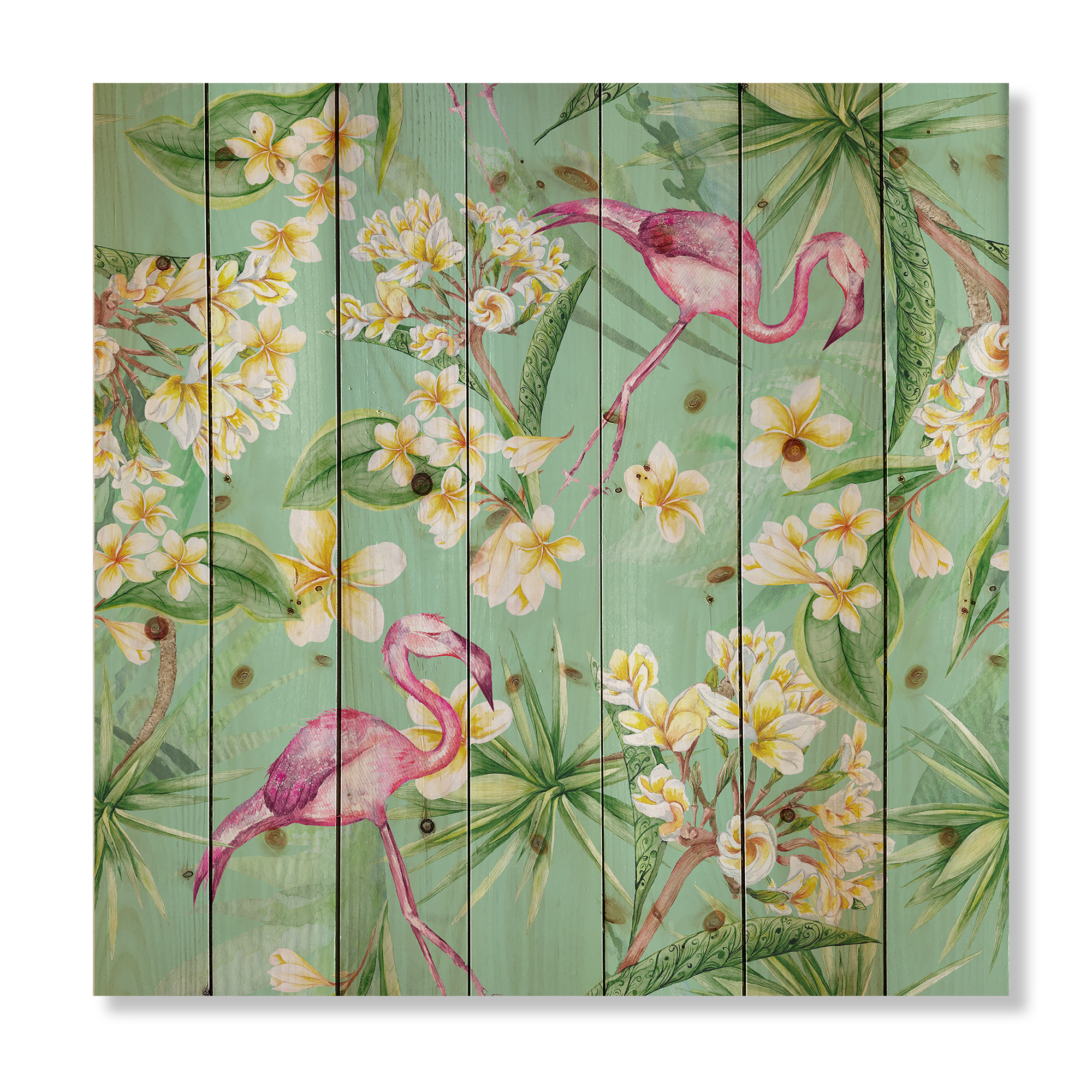 Designart 'Yellow Flowers, Tropical Foliage With Flamingo V' Traditional Print on Natural Pine Wood