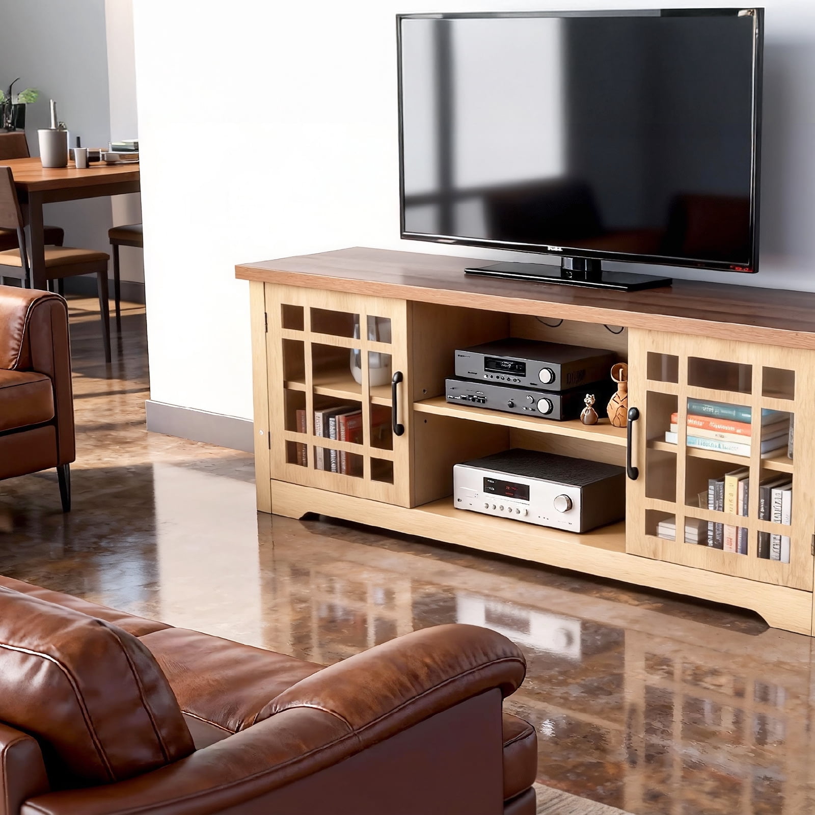 57.87" TV Stand with Deep Brown Top & Natural Wood Cabinet, Double Glass Door Media Console, Laminate Particle Board Entertainment Center for TVs Up to 65 Inches