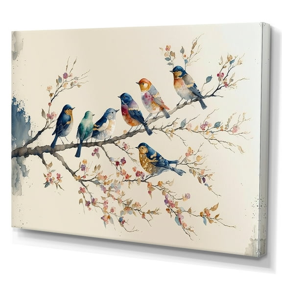 Designart Multicolor Birds On Plum Blossoms Tree VIII Canvas Wall Art