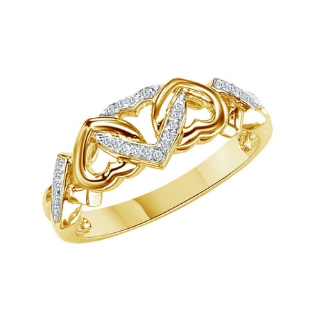 - White Natural Diamond Accent Triple Heart Promise Ring In 14k Yellow Gold Over Sterling Silver (0.03 Cttw)