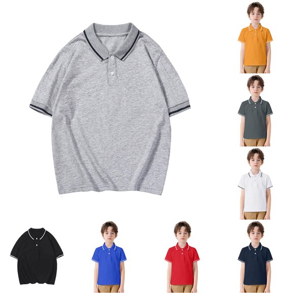 HCYSFG Boys Solid Color Polo Shirt Notch Neck Short Sleeve Contrast Two Button Placket Classic School Uniform Top Golf Tees