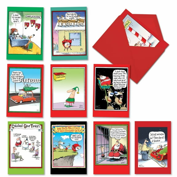 NobleWorks Funny Christmas Greeting Card Set with Flying Reindeer, Elves & Santa Illustrations (10 Count)