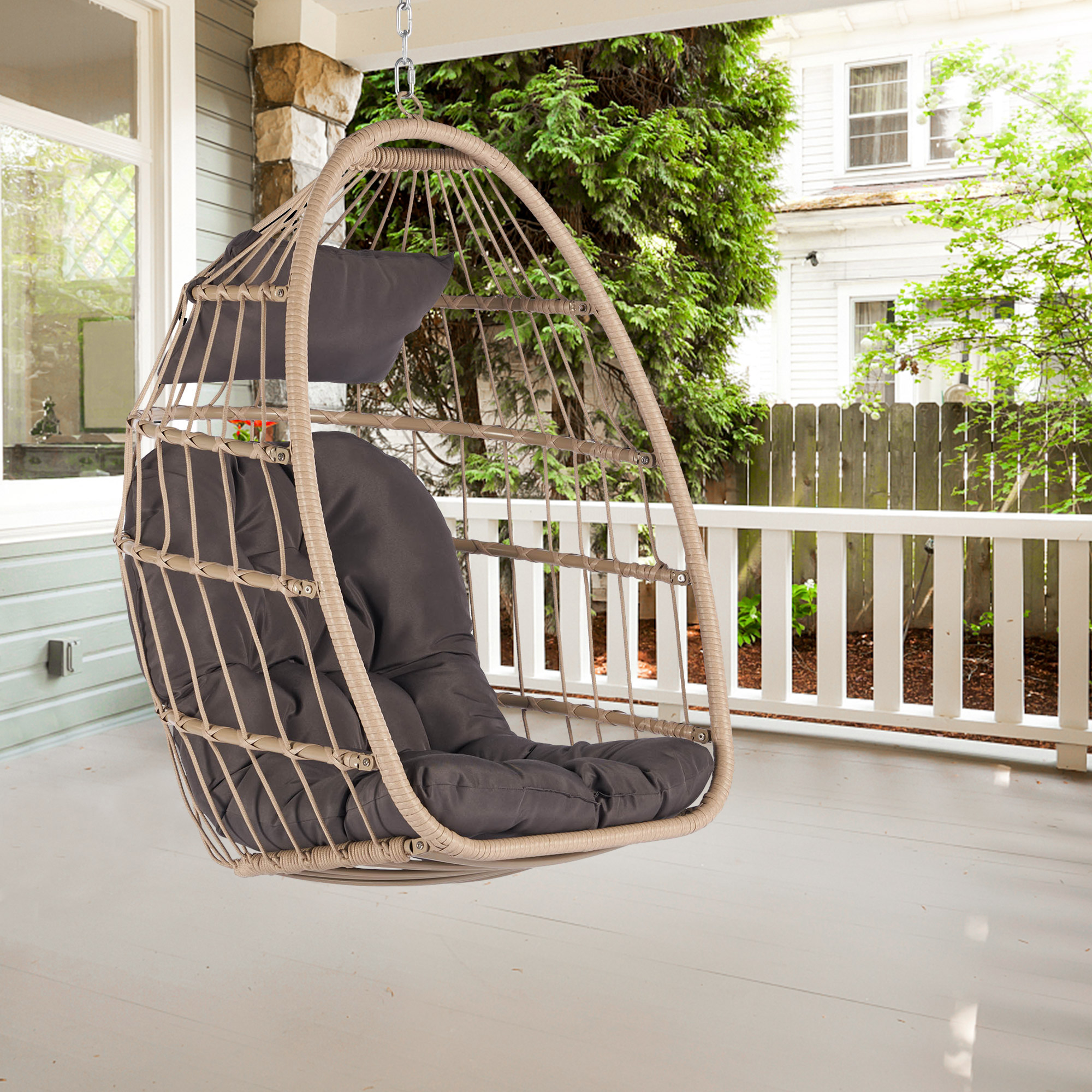 Egg Chair with Hanging Chains, SYNGAR Outdoor All Weather Wicker Hanging Hammock Chair with Dark Gray Cushions, Patio Foldable Basket Swing Chair, for Porch, Balcony, Backyard, Garden, Bedroom, D7708 - image 3 of 10