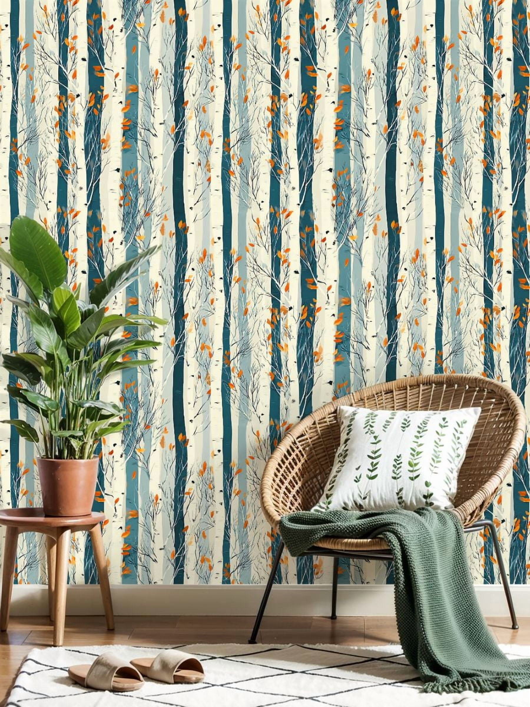 Peel and Stick Wallpaper 23.6in x 9.8ft Abstract Birch Trees Autumn Leaves Cool Blue Rustic Forest Contact Paper Vinyl Waterproof Self Adhesive Wall Paper for Bedroom Shelf Cabinet Renter Friendly