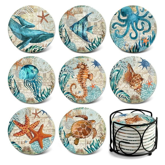 8 Pcs Ceramic Drink Coasters with Holder Absorbing Stone Sea Ocean Life Coasters for Drinks Cork Base Coastal Decor for Housewarming Apartment Kitchen Bar Decor Wooden Table Coffee Table