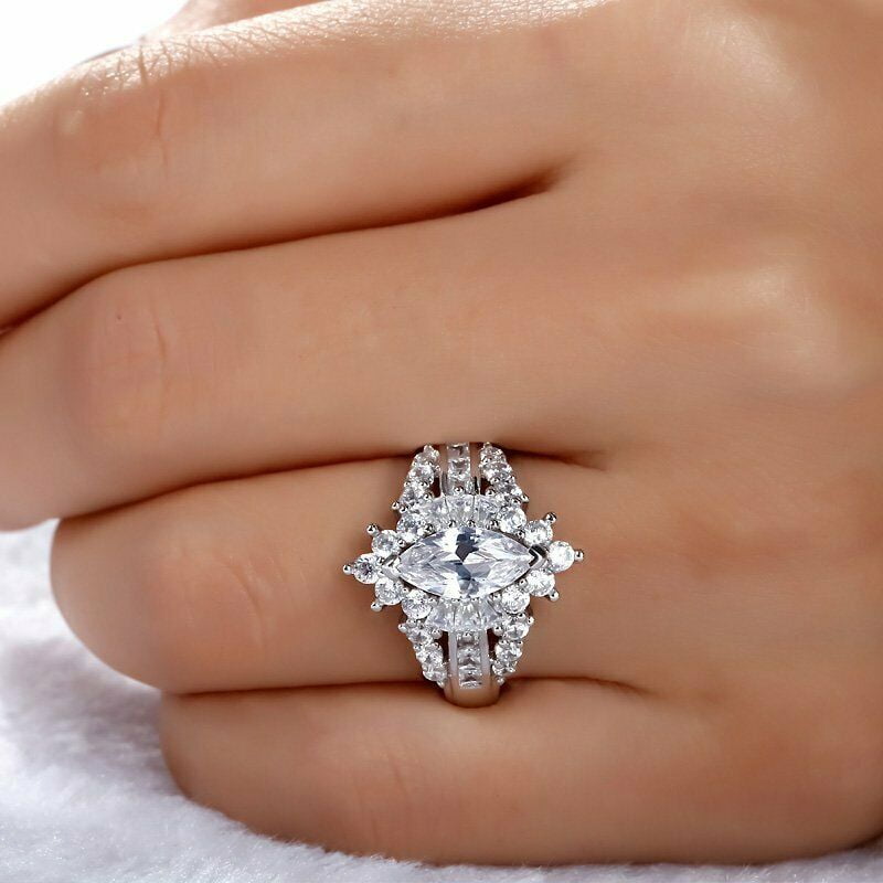 HeartsAndYou 3.5ct Marquise Moissanite Halo Gatsby Cocktail Engagement Ring for Women 18k White Gold over Silver For Women