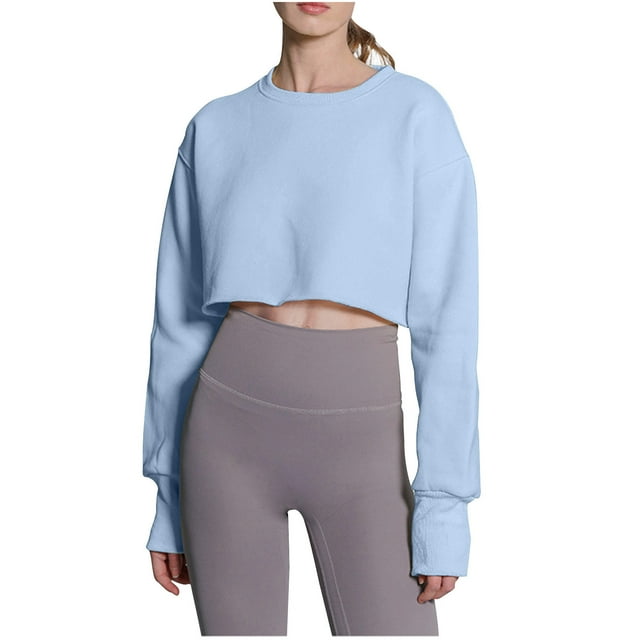 AherBiu Hauts Courts pour Femmes à Manches Longues d'Automne, T-Shirts à Col Rond, Épaules Tombantes, Confortables, Rembourrés, Chauds