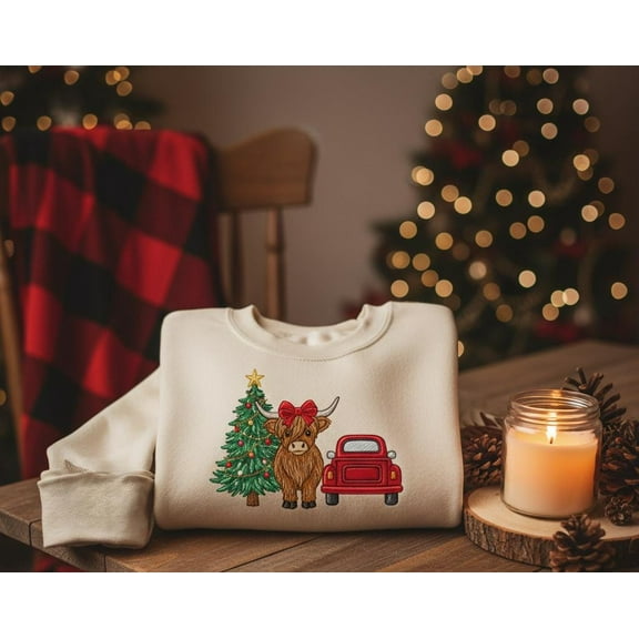 Custom Christmas Highland Cow Embroidered Sweatshirt Red Truck and Tree Festive Holiday Cozy Sweater