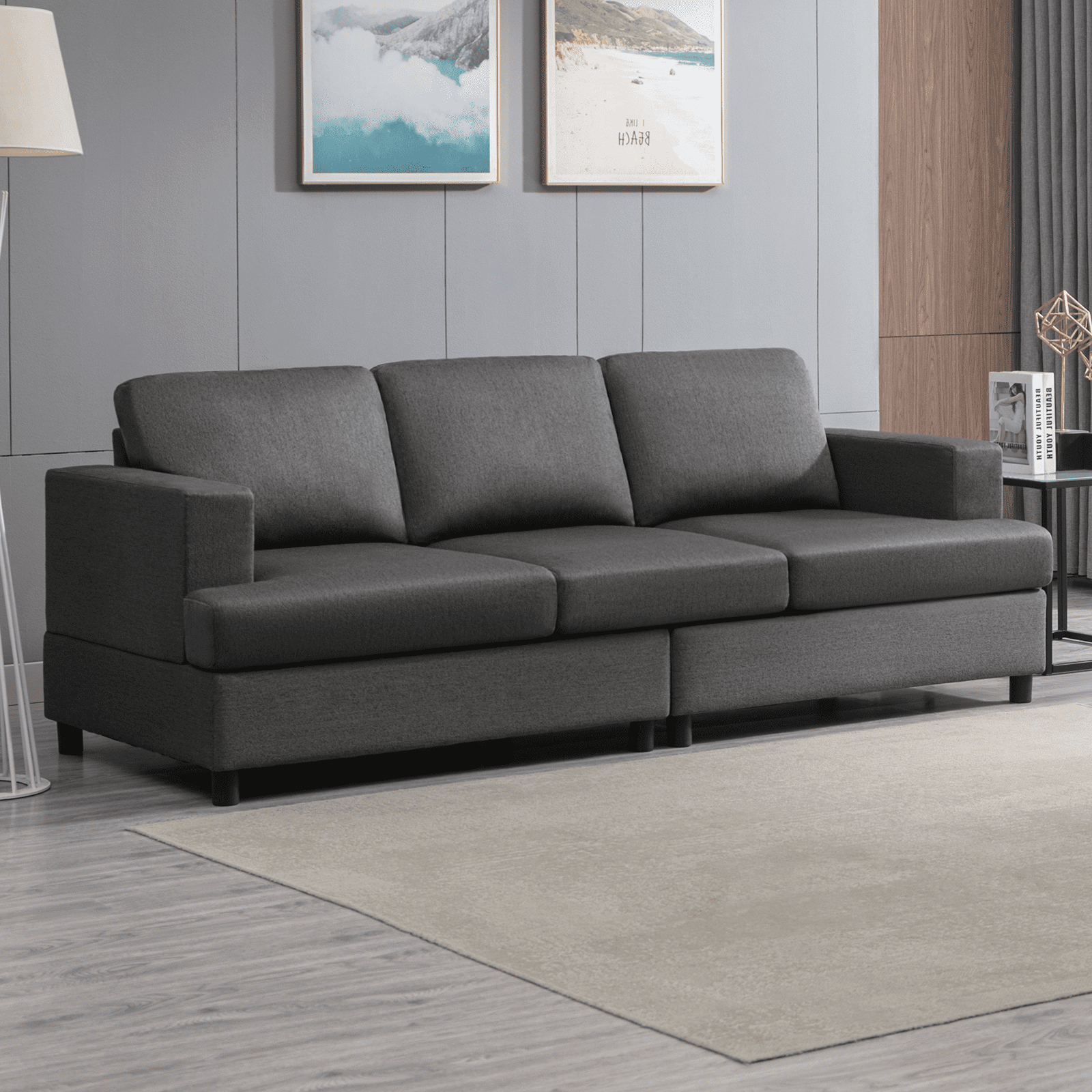 BALUS Modern Tufted Sofa for Living Room, Linen Fabric and Wood Frame